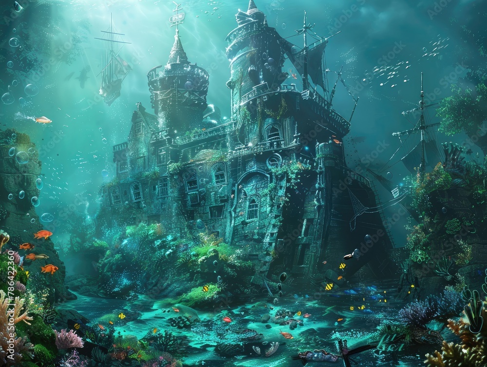 A hauntingly beautiful underwater realm, with vibrant coral reefs, schools of exotic fish, and ancient shipwrecks resting on the ocean floor undersea discovery The mysterious allure of the underwater