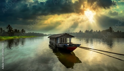 House boat in backwaters near palms at cloudy blue sky in munnar, Kerala, India photo