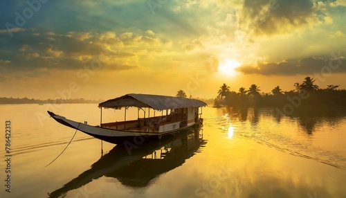 House boat in backwaters near palms at cloudy blue sky in munnar, Kerala, India