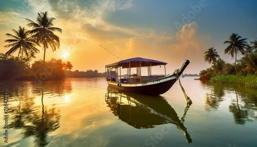 House boat in backwaters near palms at cloudy blue sky in munnar, Kerala, India © DesignPitstop