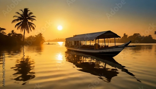 House boat in backwaters near palms at cloudy blue sky in munnar, Kerala, India
