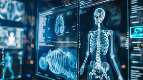 digital x-ray human body holographic scan projection,DXA bone density scan on a monitor in a woman to prevent osteoporosis.