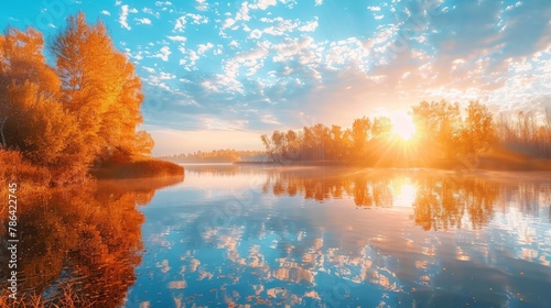 Panorama Of Autumn River Landscape In Belarus Or European Part Of Russia At Sunset. Sun Shine Over Blue Water Lake Or River At Sunrise. Nature At Sunny Morning. Woods With Orange Foliage On Riverside photo