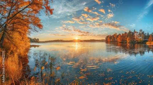 Panorama Of Autumn River Landscape In Belarus Or European Part Of Russia At Sunset. Sun Shine Over Blue Water Lake Or River At Sunrise. Nature At Sunny Morning. Woods With Orange Foliage On Riverside photo