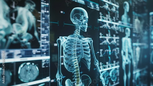 digital x-ray human body holographic scan projection,DXA bone density scan on a monitor in a woman to prevent osteoporosis.