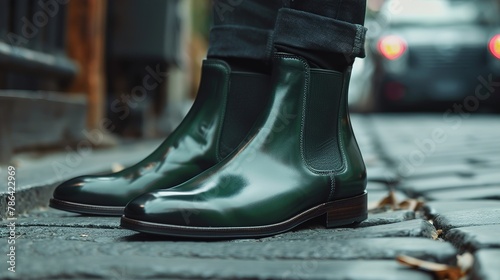A detailed image of sleek Chelsea boots in a deep forest green, accentuating their timeless style and versatility.