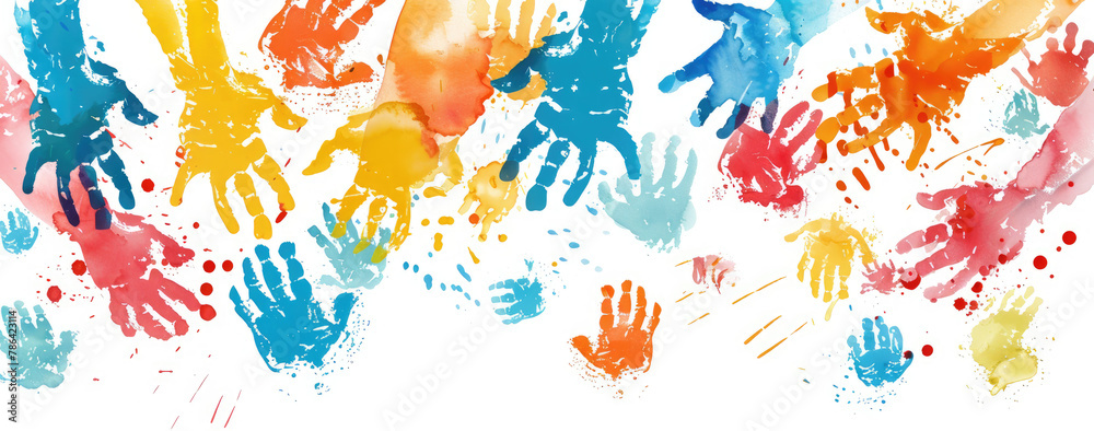 Colorful handprints on white background vector presentation design