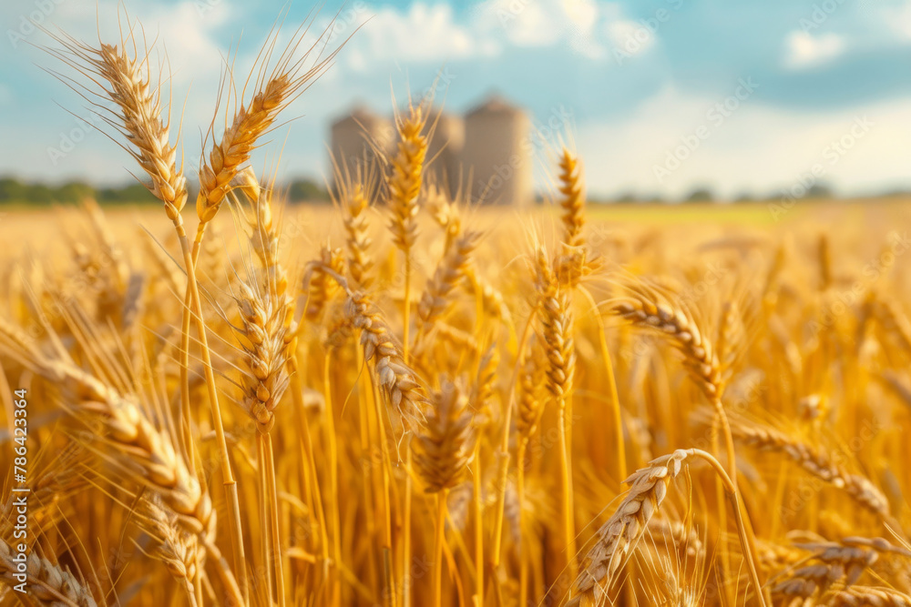 Golden Wheat Field Under Blue Sky with Farmhouse Golden Wheat Field Under Blue Sky with Farmhouse