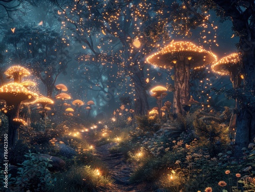 A magical forest glen bathed in the soft glow of bioluminescent mushrooms, with ethereal creatures flitting among the trees woodland enchantment The otherworldly beauty of the forest is brought