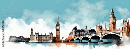 Double exposure minimalist artwork collage illustration featuring Big Ben and the London cityscape.