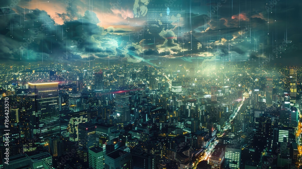 Fototapeta premium Modern urban landscape and telecommunication network concept