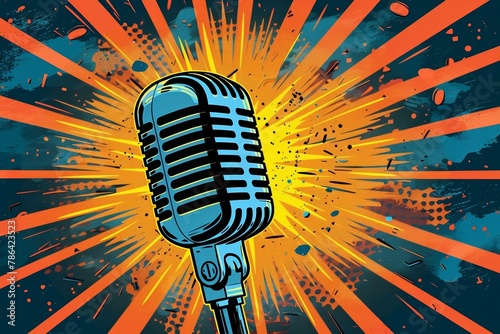 A podcast microphone framed in vibrant pop art-style comics, featuring bold and colorful designs.