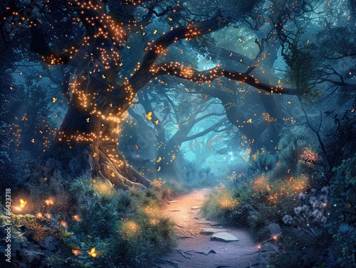 A magical forest illuminated by the soft glow of fireflies, with ancient trees towering overhead and hidden pathways winding through the undergrowth enchanted woods The ethereal atmosphere