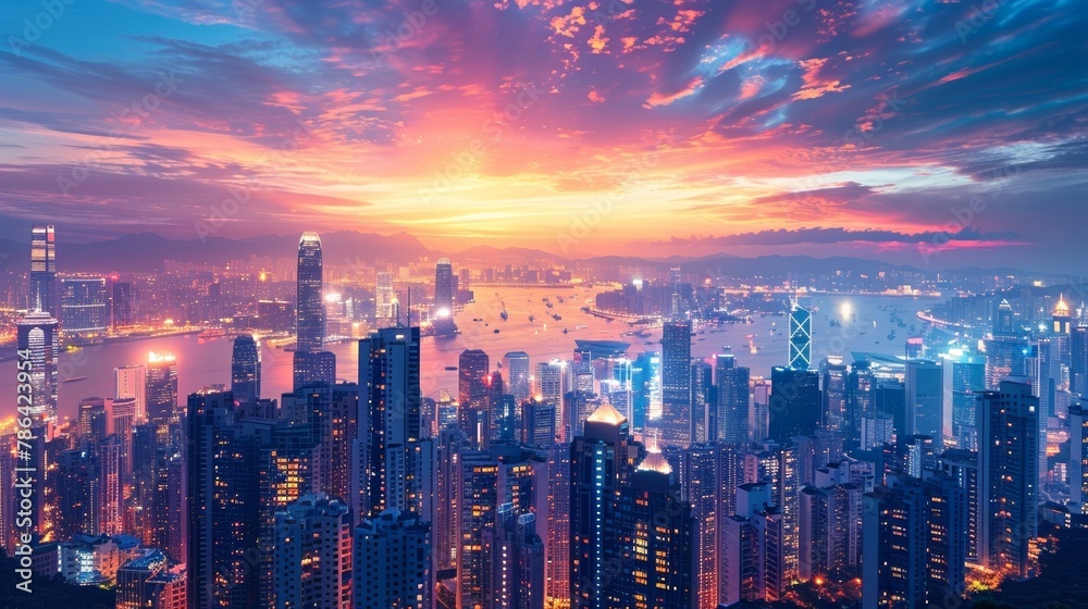 A stunning twilight cityscape, ideal for chic wallpapers or contemporary office art.