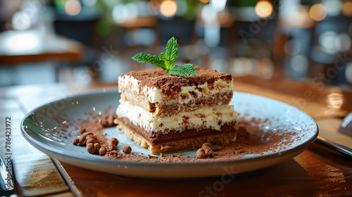 Plate with tiramisu dessert with cocoa and mint on caf photo