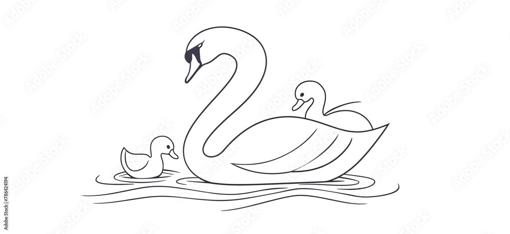 a mother swan and her two babies swimming in the water a mother swan and her two babies swimming in the water