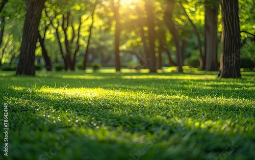 Sunlight filters through the leaves of green trees, casting a serene and dappled glow across the verdant park grass, inviting peaceful relaxation in the warmth of the season.