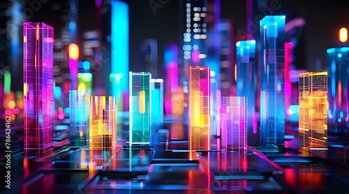Colorful glowing bar graph against a night city backdrop