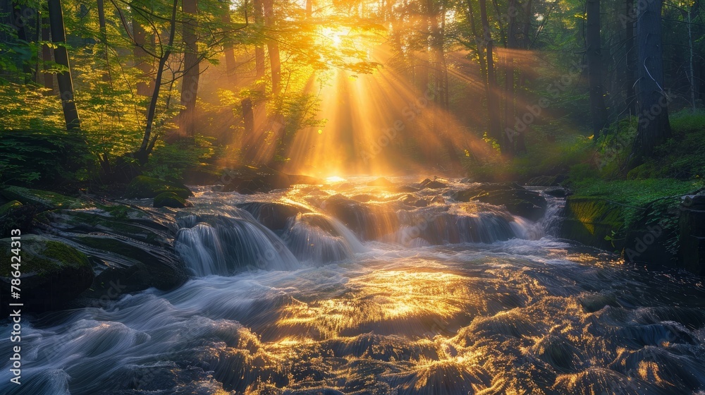 River at sunrise in the Carpathian forest - fast jet of water at slow shutter speeds give a beautiful fairy-tale effect. Ukraine is rich in water resources in the Carpathian Mountains is good ecology - obrazy, fototapety, plakaty 