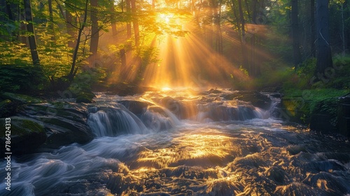 River at sunrise in the Carpathian forest - fast jet of water at slow shutter speeds give a beautiful fairy-tale effect. Ukraine is rich in water resources in the Carpathian Mountains is good ecology photo
