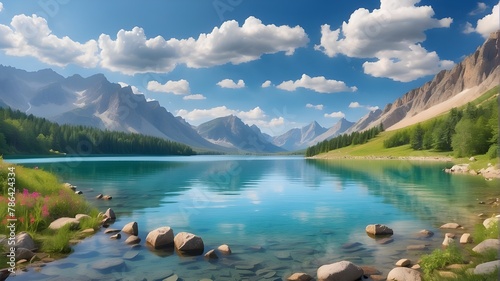 Beautiful lake and mountain scenery in the summertime.