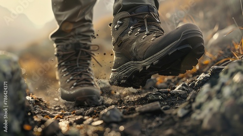 A pair of hiking boots with a waterproof membrane, captured mid-action on a trail, highlighting their durability and rugged design in earthy tones.
