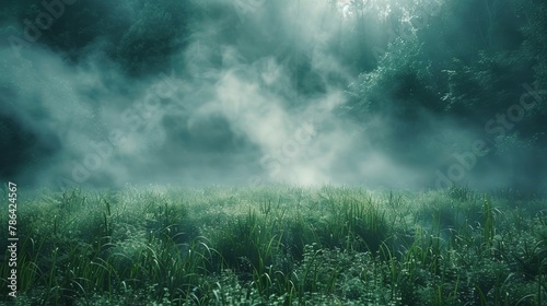 An enchanting and mystical portrayal of a foggy dawn, with mist weaving through the vivid, verdant meadows The ethereal and fantastical scenery beckons the beholder to a realm of enchantment. photo