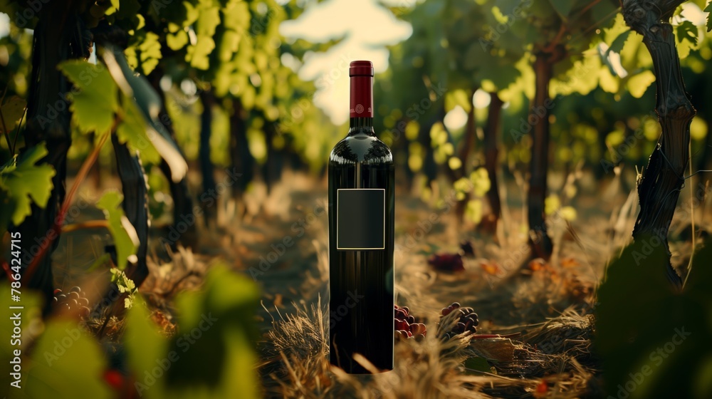 Bottle of tasty wine on blurred vineyard garden background with space for text, winemaking concept