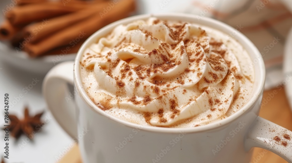 Macro view of delicate cinnamon swirls on cappuccino foam in elegant white coffee cup Macro view of delicate cinnamon swirls on cappuccino foam in elegant white coffee cup