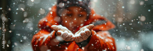 Enchanting Winter Bliss: Close-Up of Person Catching Snowflakes