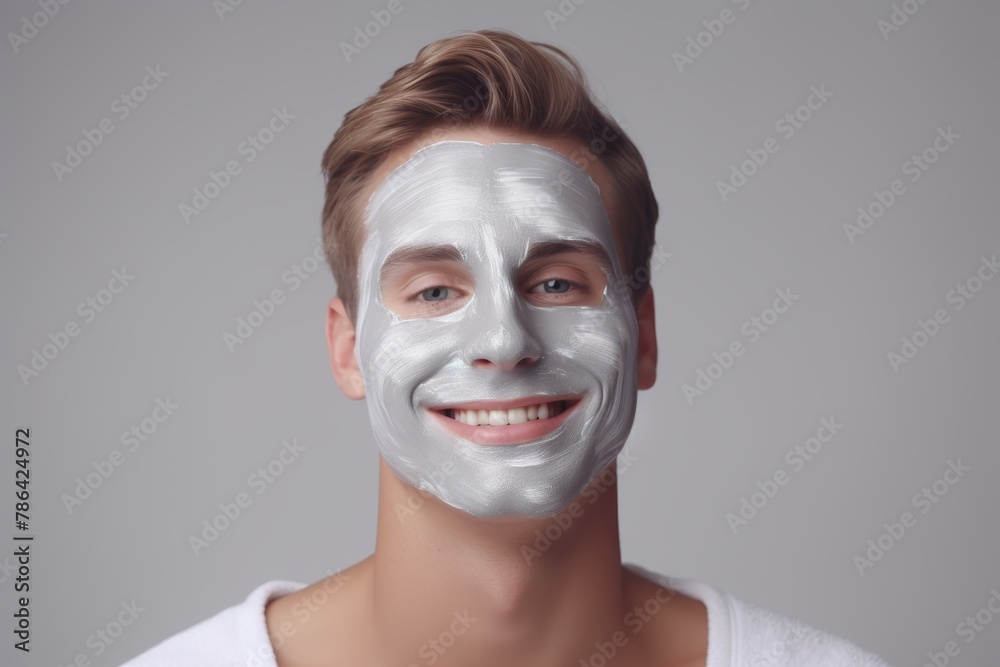 An attractive young Indian man putting an anti-aging face mask over a blue studio background. Mixed-race man using moisturizing clay or charcoal lotion to remove blackheads for healthy, smooth skin.