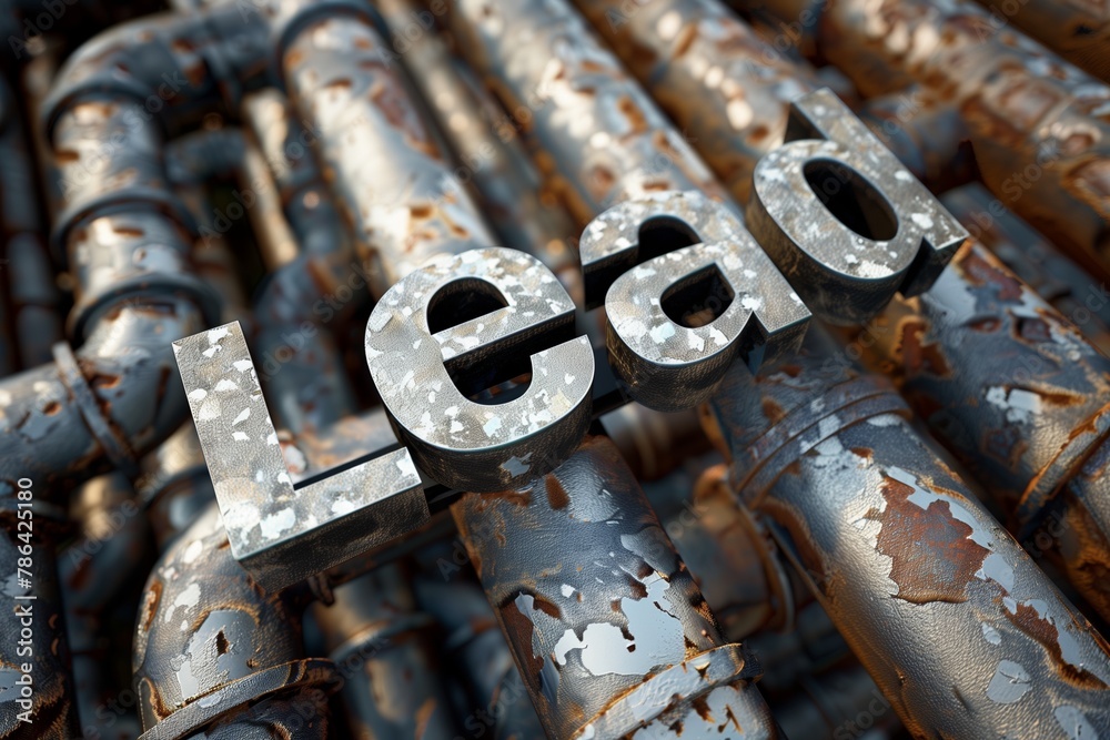 the word 'lead' in bold metallic letters placed over a background of rusty, textured pipes the word 'lead' in bold metallic letters placed over a background of rusty, textured pipes
