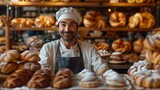 A baker in a kitchen, surrounded by pastries, showcasing the artistry and tradition in baking.