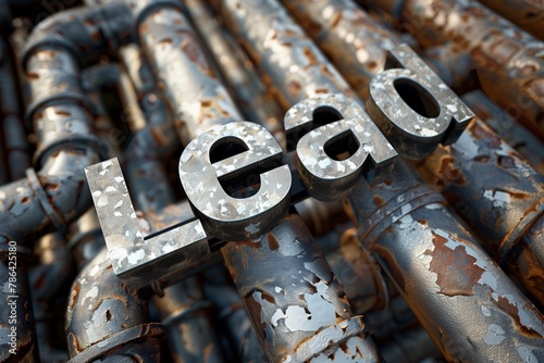 the word 'lead' in bold metallic letters placed over a background of rusty, textured pipes