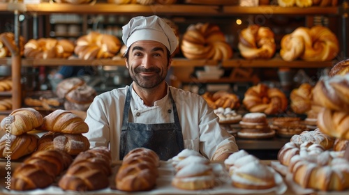 A baker in a kitchen, surrounded by pastries, showcasing the artistry and tradition in baking.