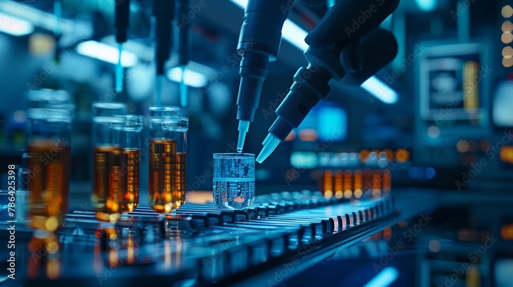 The laboratory environment showcases cutting-edge technology and automation, with the pipette meticulously examining the sample, symbolizing progress in biological and pharmaceutical studies. The laboratory environment showcases cutting-edge technology and automation, with the pipette meticulously examining the sample, symbolizing progress in biological and pharmaceutical studies.