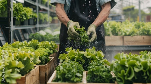 Organic farming, salad farm. Farmers harvest salad vegetables into wooden boxes in rainy. Hydroponics vegetable grow naturally. greenhouse garden, Ecological Biological, Healthy, Vegetarian, ecology