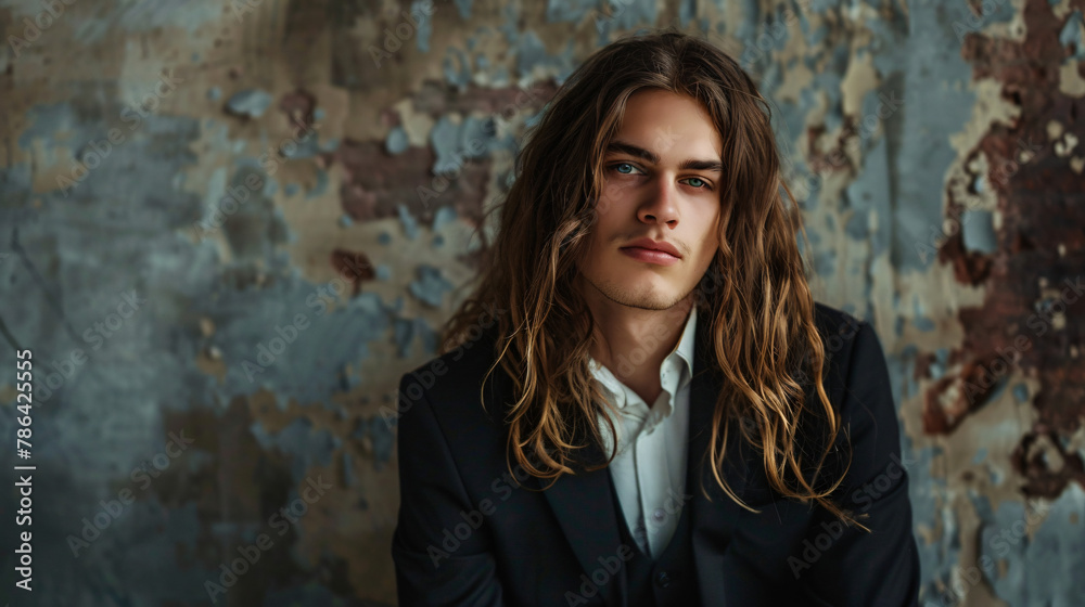 Portrait of a young man with long hair in formal suit