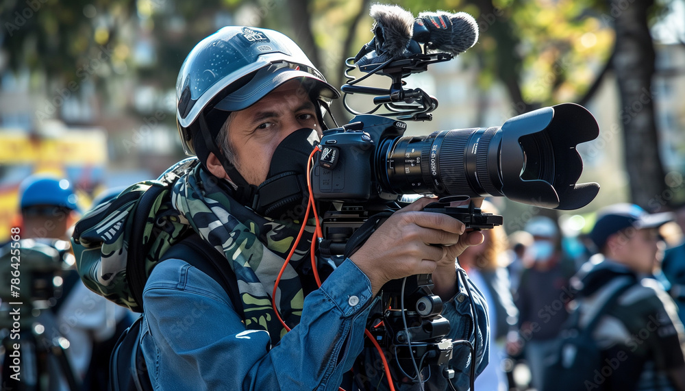 Fototapeta premium Wartime videographer at work
