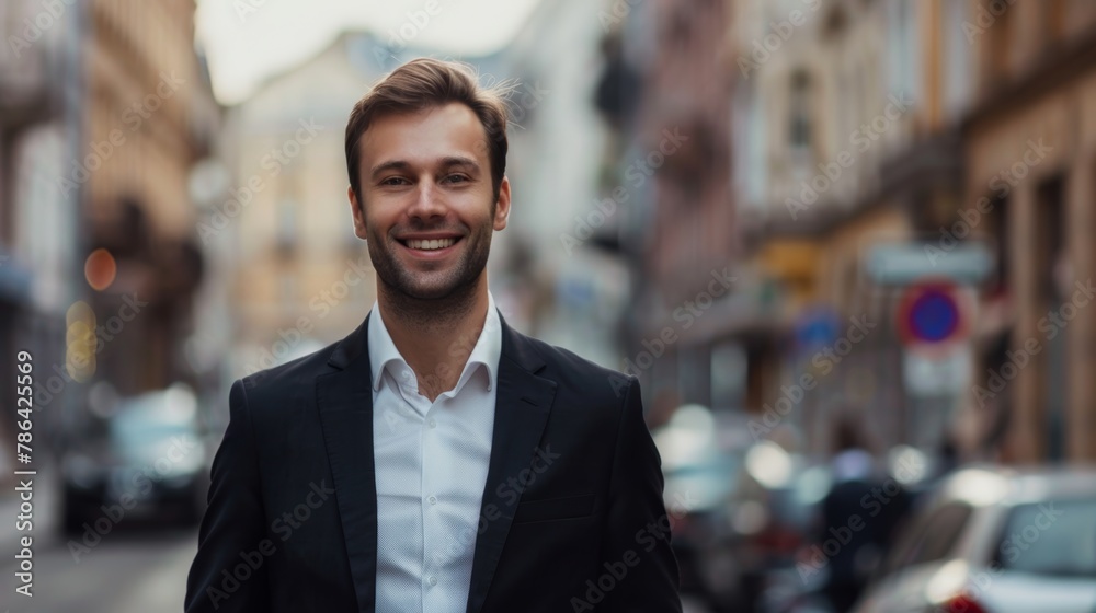 portrait of a handsome smiling young businessman boss in a black suit walking on a city street to his company office. blurry street background, confident