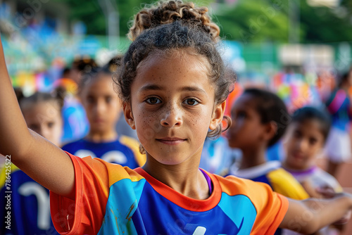 Joyful child with a triumphant expression raising her hand in victory during a colorful sports event.