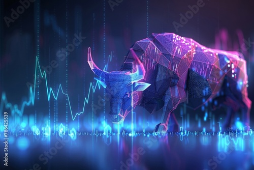Experience the serenity of the stock market with this high-resolution render of a polygon bull, featuring a soothing blue and purple gradient and a fine-art sensibility for a calm vibe. photo