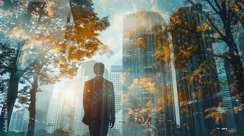 Man walking on the street cityscape double exposure with green summer forest vegetation