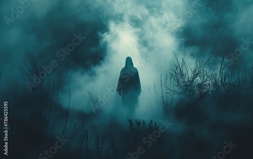 A chilling figure lurks in the shadows, foreboding terror awaits, as death's grip tightens in the eerie night. photo