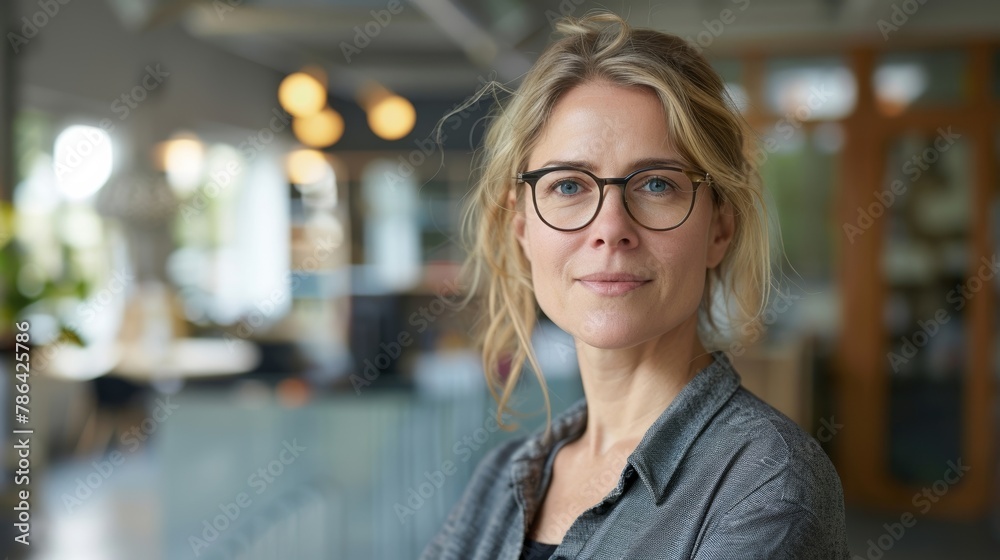 Female architect in casual attire and glasses stands in her creative office space, which is blurred in the background.