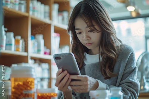 Asian woman uses phone to research medication details and side effects online for informed health care decisions. photo