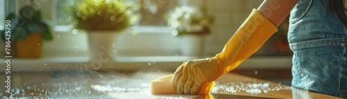 An Asian woman is diligently cleaning a table in her home, using a cloth and spray bottle to wipe away dust. She is focused on maintaining a high level of cleanliness and hygiene in her living space. photo