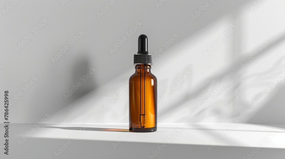 Create an elegant and simple studio setup showcasing a luxurious bottle of natural face oil, placed on a clean white table, with the liquid inside radiating a soft glow.