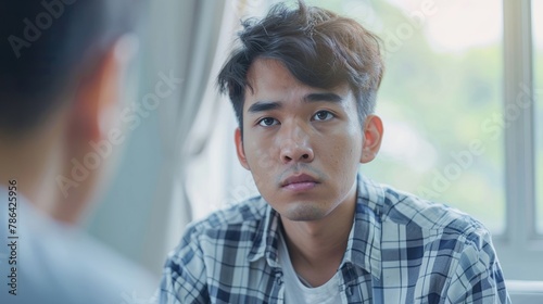 Struggling with depression, a distressed young Asian man seeks help from a psychologist, receiving support and therapy for his mental health.