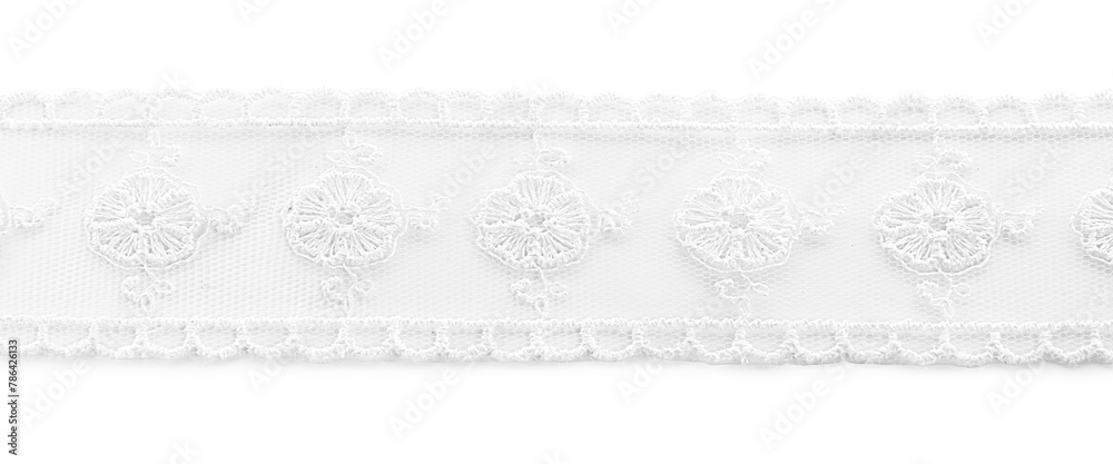 Beautiful lace with pattern isolated on white, top view